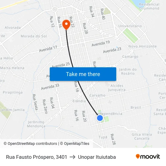 Rua Fausto Próspero, 3401 to Unopar Ituiutaba map