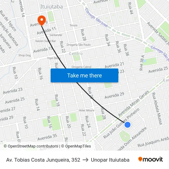 Av. Tobias Costa Junqueira, 352 to Unopar Ituiutaba map