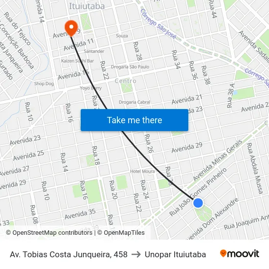 Av. Tobias Costa Junqueira, 458 to Unopar Ituiutaba map