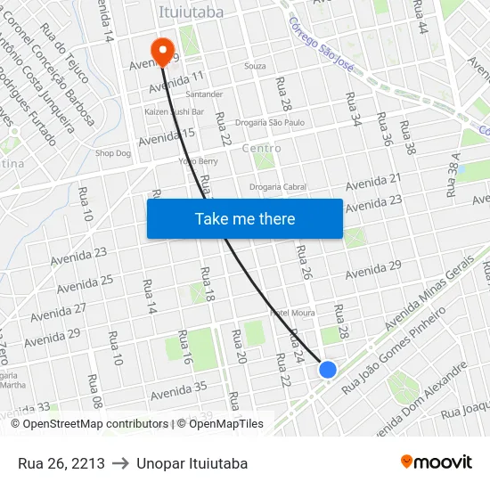 Rua 26, 2213 to Unopar Ituiutaba map