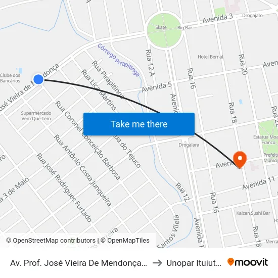 Av. Prof. José Vieira De Mendonça, 1150 to Unopar Ituiutaba map