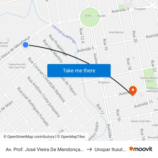 Av. Prof. José Vieira De Mendonça, 1101 to Unopar Ituiutaba map