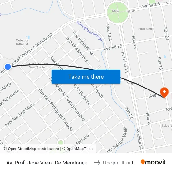 Av. Prof. José Vieira De Mendonça, 1400 to Unopar Ituiutaba map