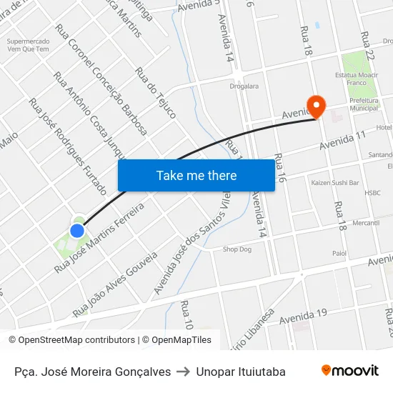 Pça. José Moreira Gonçalves to Unopar Ituiutaba map