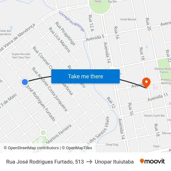 Rua José Rodrigues Furtado, 513 to Unopar Ituiutaba map