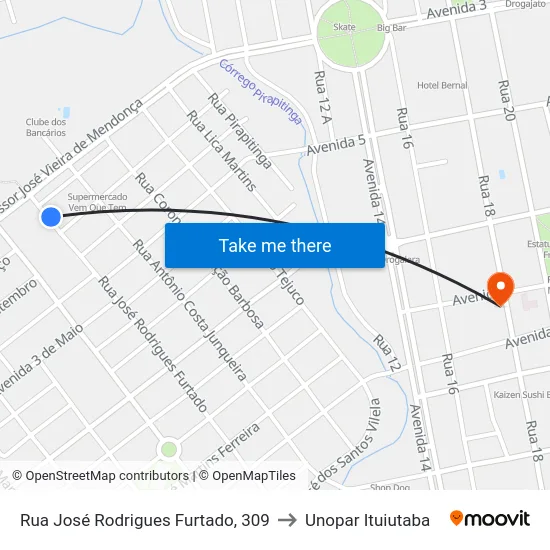 Rua José Rodrigues Furtado, 309 to Unopar Ituiutaba map
