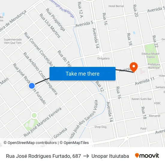 Rua José Rodrigues Furtado, 687 to Unopar Ituiutaba map