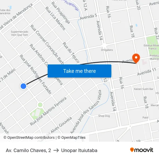 Av. Camilo Chaves, 2 to Unopar Ituiutaba map