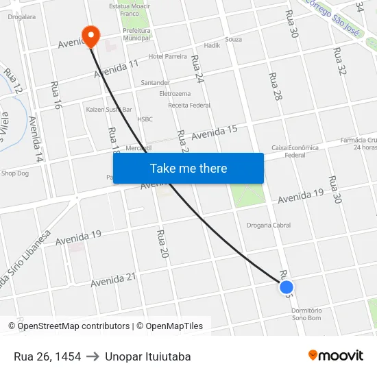 Rua 26, 1454 to Unopar Ituiutaba map
