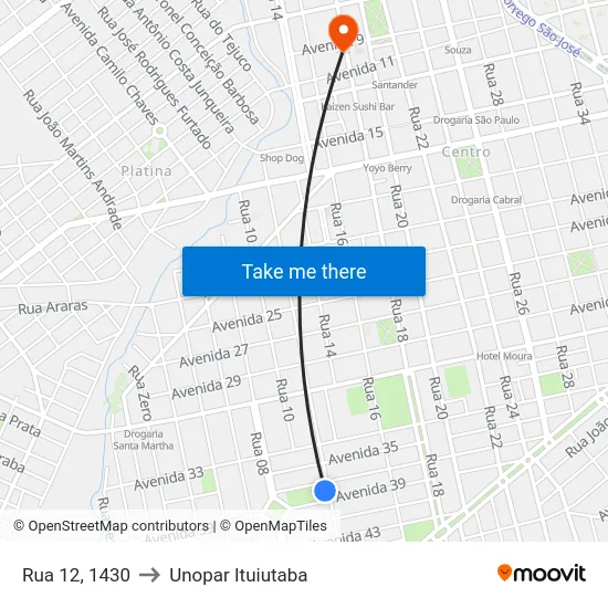 Rua 12, 1430 to Unopar Ituiutaba map