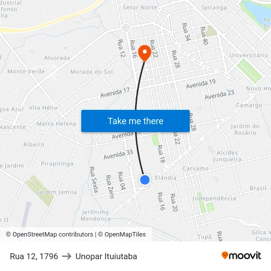 Rua 12, 1796 to Unopar Ituiutaba map