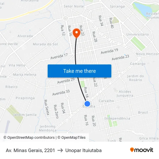 Av. Minas Gerais, 2201 to Unopar Ituiutaba map