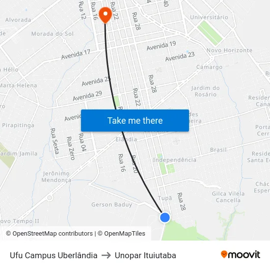 Ufu Campus Uberlândia to Unopar Ituiutaba map