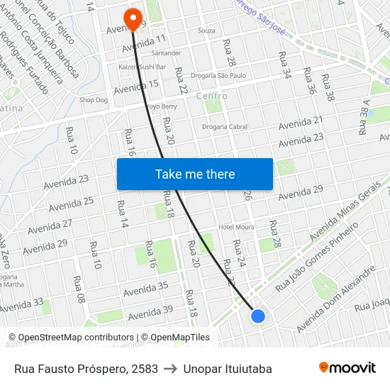 Rua Fausto Próspero, 2583 to Unopar Ituiutaba map