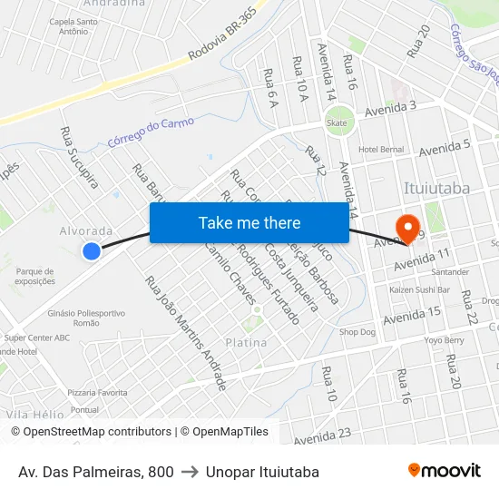 Av. Das Palmeiras, 800 to Unopar Ituiutaba map