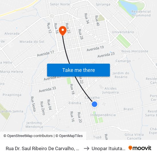 Rua Dr. Saul Ribeiro De Carvalho, 557 to Unopar Ituiutaba map