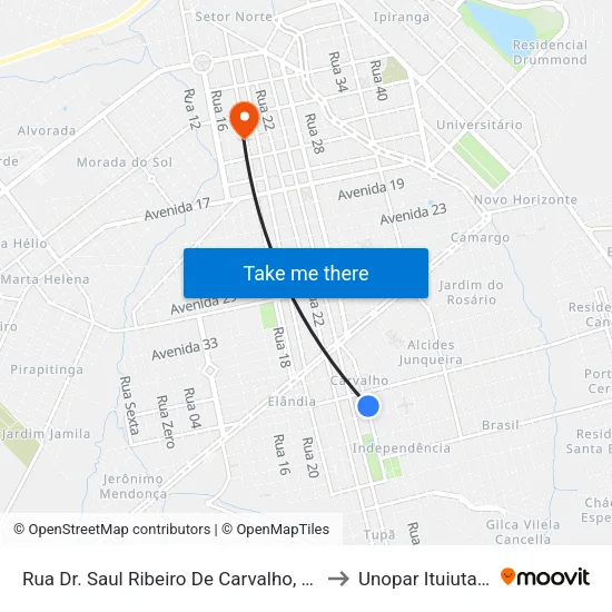 Rua Dr. Saul Ribeiro De Carvalho, 557 to Unopar Ituiutaba map