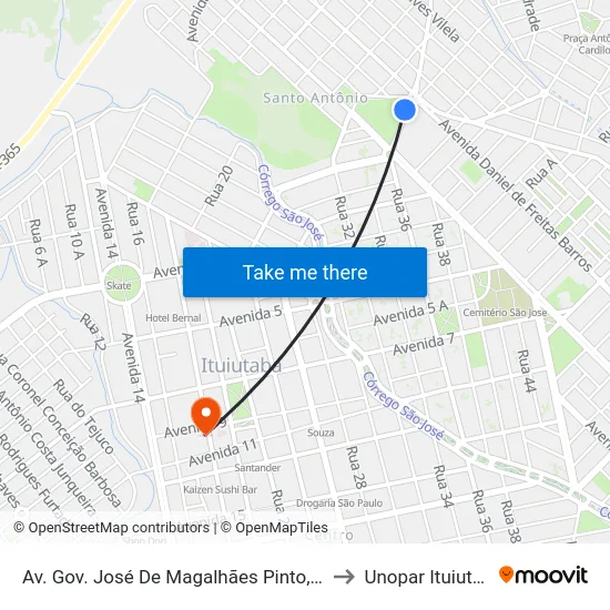 Av. Gov. José De Magalhães Pinto, 1338 to Unopar Ituiutaba map