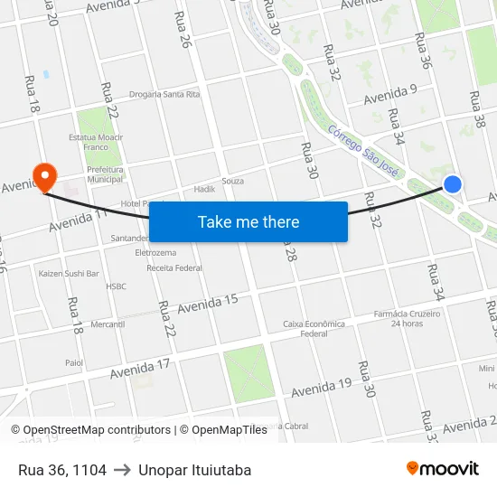 Rua 36, 1104 to Unopar Ituiutaba map