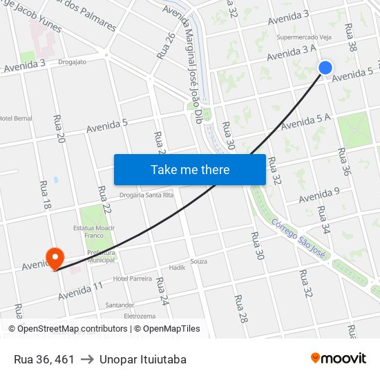 Rua 36, 461 to Unopar Ituiutaba map