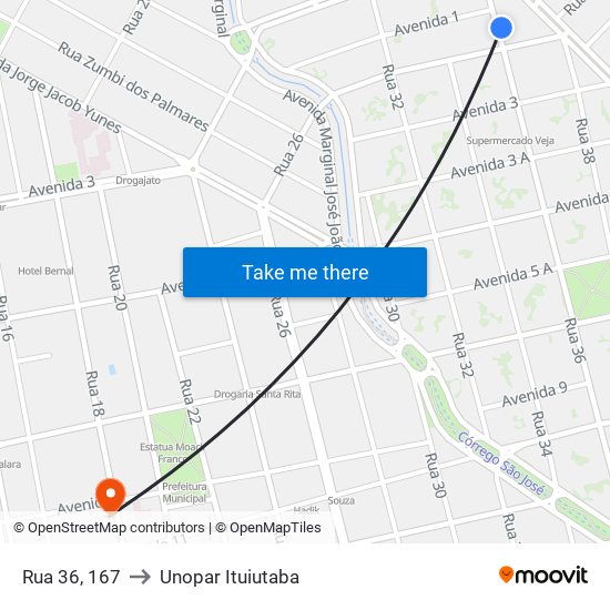 Rua 36, 167 to Unopar Ituiutaba map