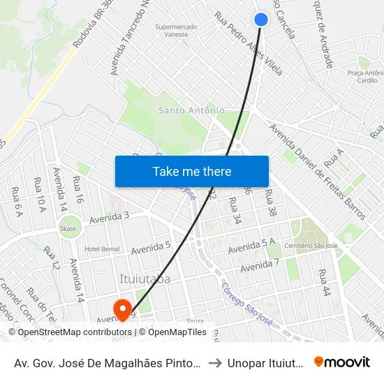 Av. Gov. José De Magalhães Pinto, 745 to Unopar Ituiutaba map