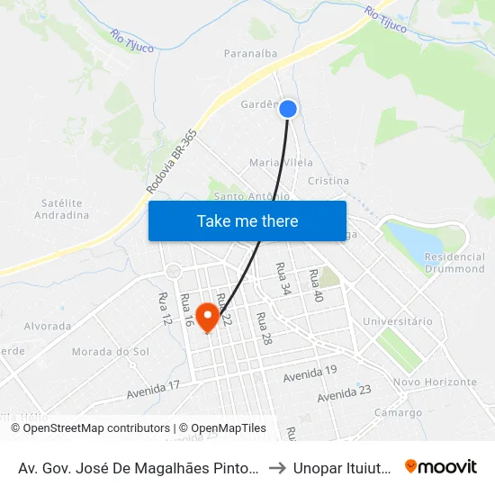 Av. Gov. José De Magalhães Pinto, 455 to Unopar Ituiutaba map