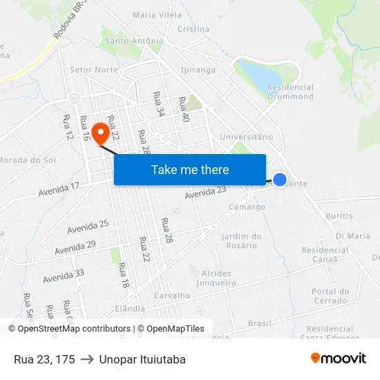 Rua 23, 175 to Unopar Ituiutaba map