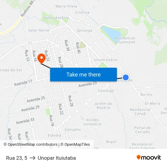 Rua 23, 5 to Unopar Ituiutaba map