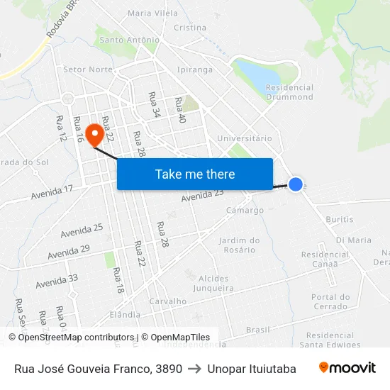 Rua José Gouveia Franco, 3890 to Unopar Ituiutaba map
