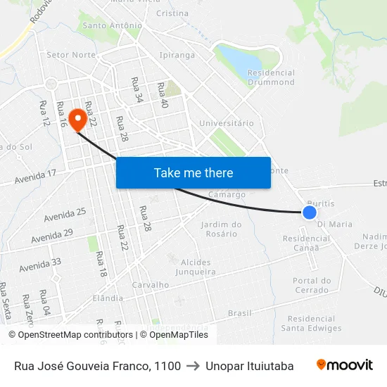 Rua José Gouveia Franco, 1100 to Unopar Ituiutaba map