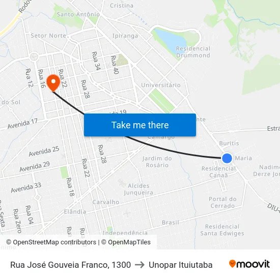 Rua José Gouveia Franco, 1300 to Unopar Ituiutaba map