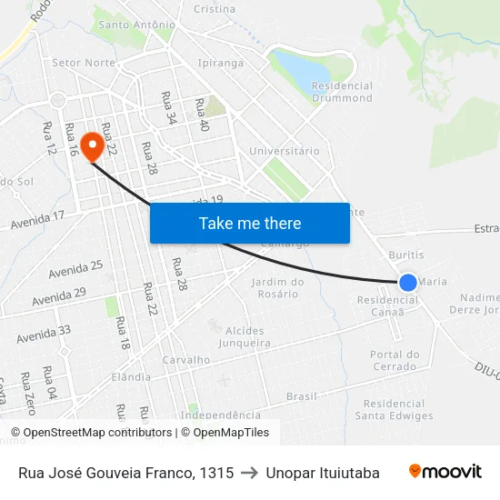 Rua José Gouveia Franco, 1315 to Unopar Ituiutaba map