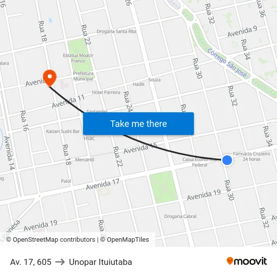 Av. 17, 605 to Unopar Ituiutaba map