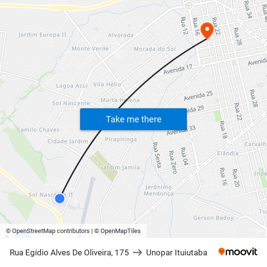 Rua Egídio Alves De Oliveira, 175 to Unopar Ituiutaba map