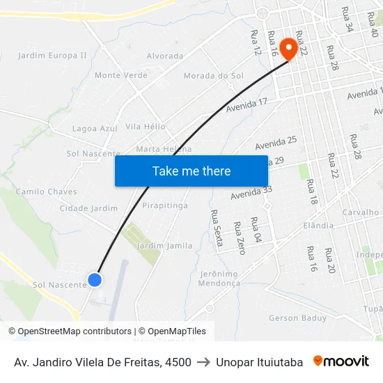 Av. Jandiro Vilela De Freitas, 4500 to Unopar Ituiutaba map