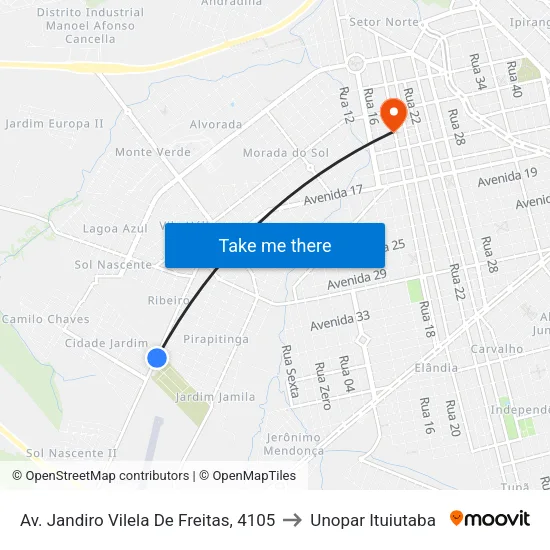 Av. Jandiro Vilela De Freitas, 4105 to Unopar Ituiutaba map