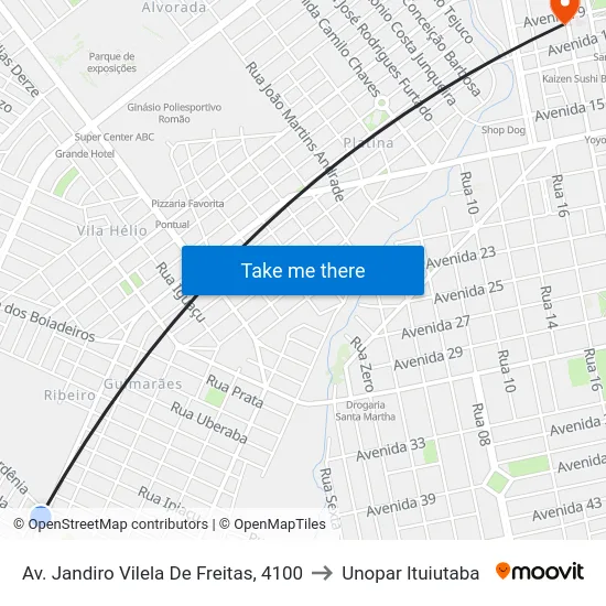 Av. Jandiro Vilela De Freitas, 4100 to Unopar Ituiutaba map