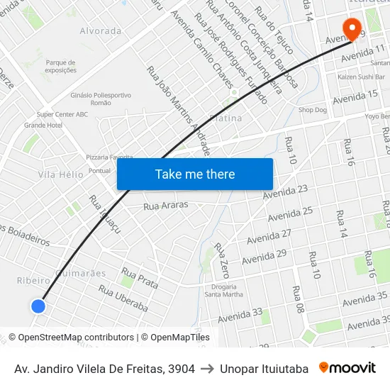 Av. Jandiro Vilela De Freitas, 3904 to Unopar Ituiutaba map