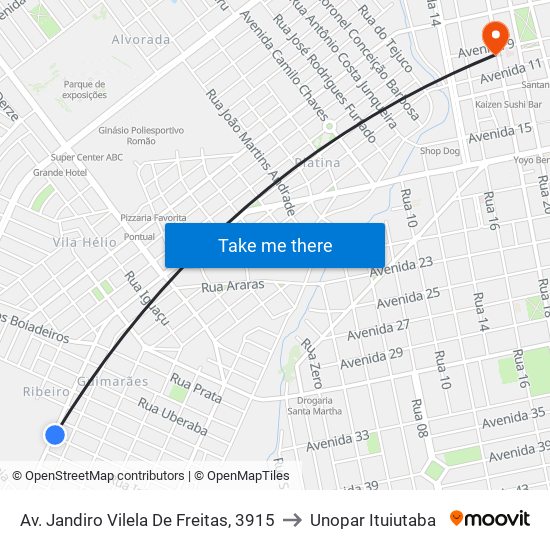 Av. Jandiro Vilela De Freitas, 3915 to Unopar Ituiutaba map