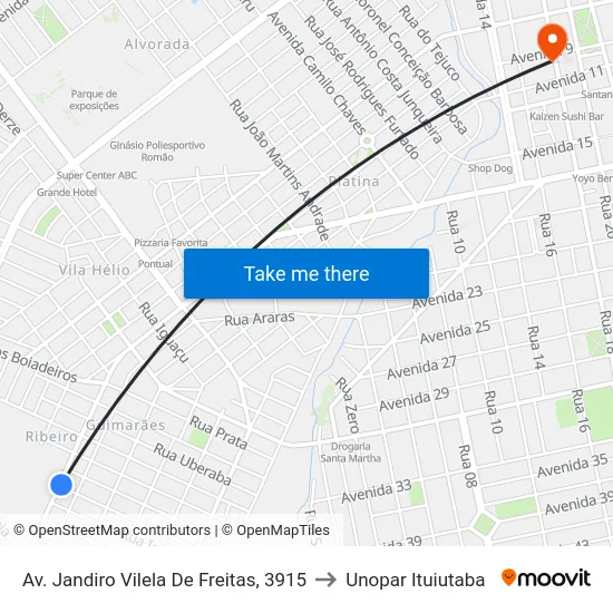 Av. Jandiro Vilela De Freitas, 3915 to Unopar Ituiutaba map