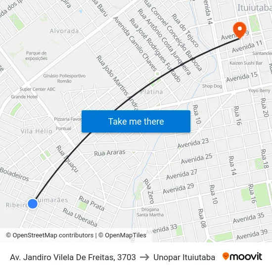 Av. Jandiro Vilela De Freitas, 3703 to Unopar Ituiutaba map
