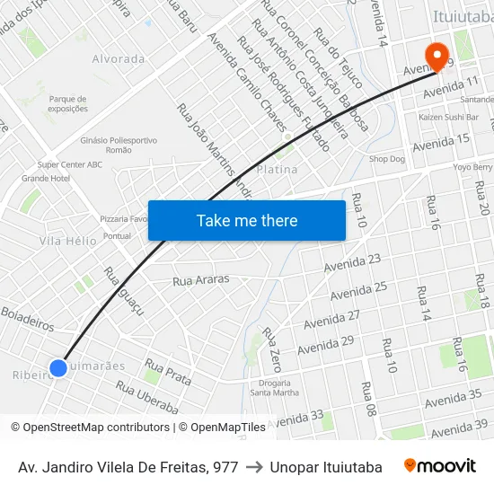 Av. Jandiro Vilela De Freitas, 977 to Unopar Ituiutaba map