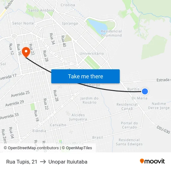 Rua Tupis, 21 to Unopar Ituiutaba map