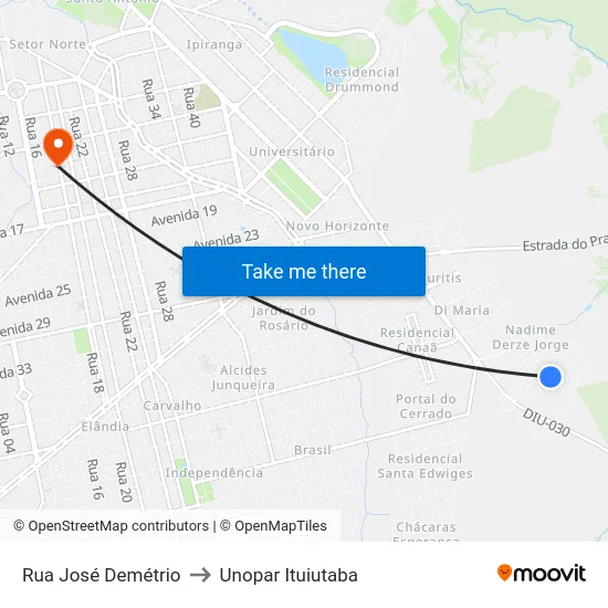 Rua José Demétrio to Unopar Ituiutaba map