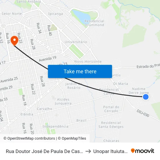 Rua Doutor José De Paula De Castro to Unopar Ituiutaba map
