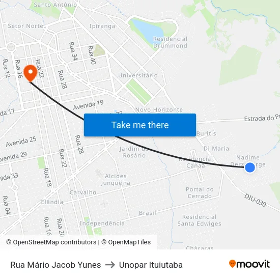 Rua Mário Jacob Yunes to Unopar Ituiutaba map