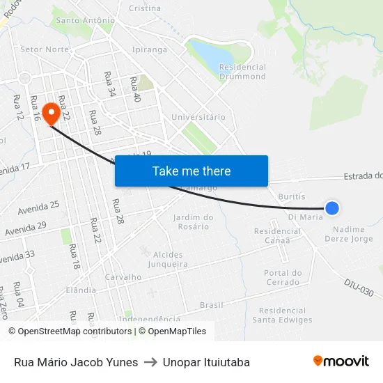 Rua Mário Jacob Yunes to Unopar Ituiutaba map
