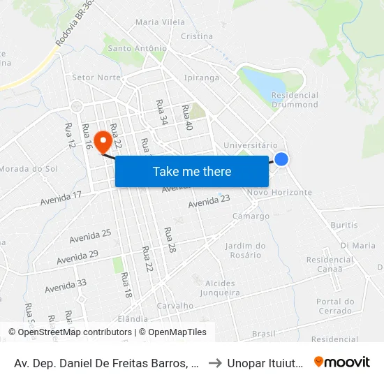 Av. Dep. Daniel De Freitas Barros, 3133 to Unopar Ituiutaba map