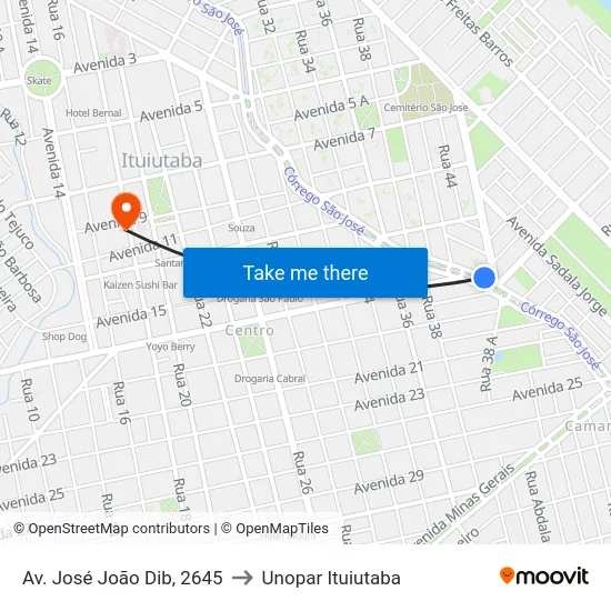 Av. José João Dib, 2645 to Unopar Ituiutaba map